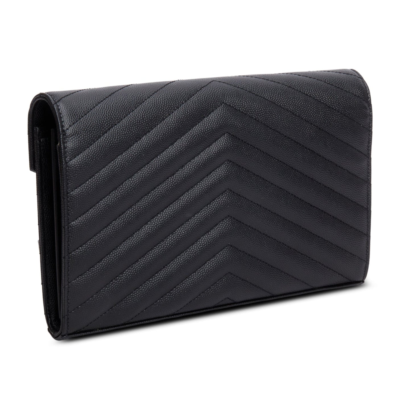 Saint Laurent 2022 Black Grain De Poudre Cassandre Envelope Chain Wallet