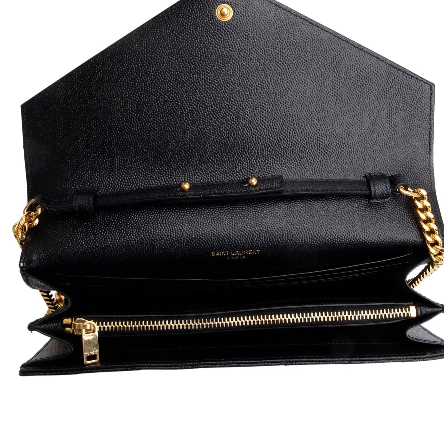 Saint Laurent 2022 Black Grain De Poudre Cassandre Envelope Chain Wallet
