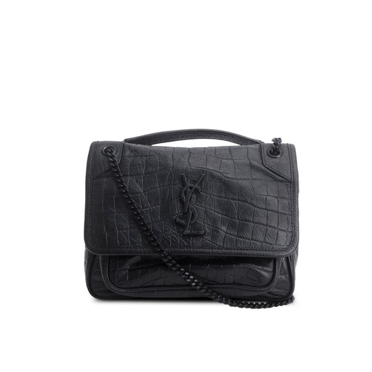Saint Laurent 2020 Black Croc-Embossed Calfskin Matelasse Leather Baby Niki Shoulder Bag