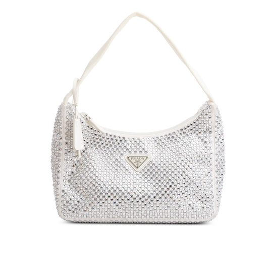 Prada White Satin Crystal Mini Re-Edition 2000 Bag