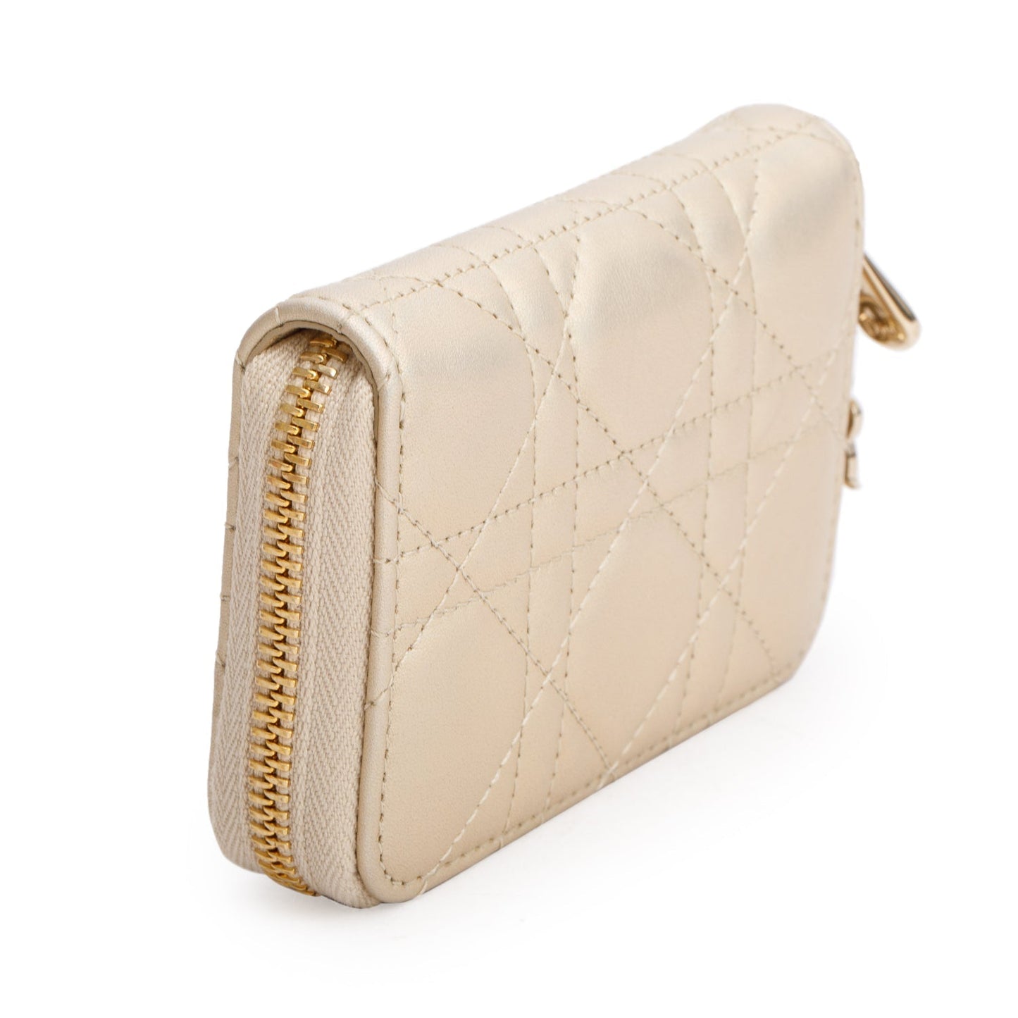 Christian Dior 2023 Iridescent Gold Cannage Lambskin Small Lady Dior Voyageur Coin Purse