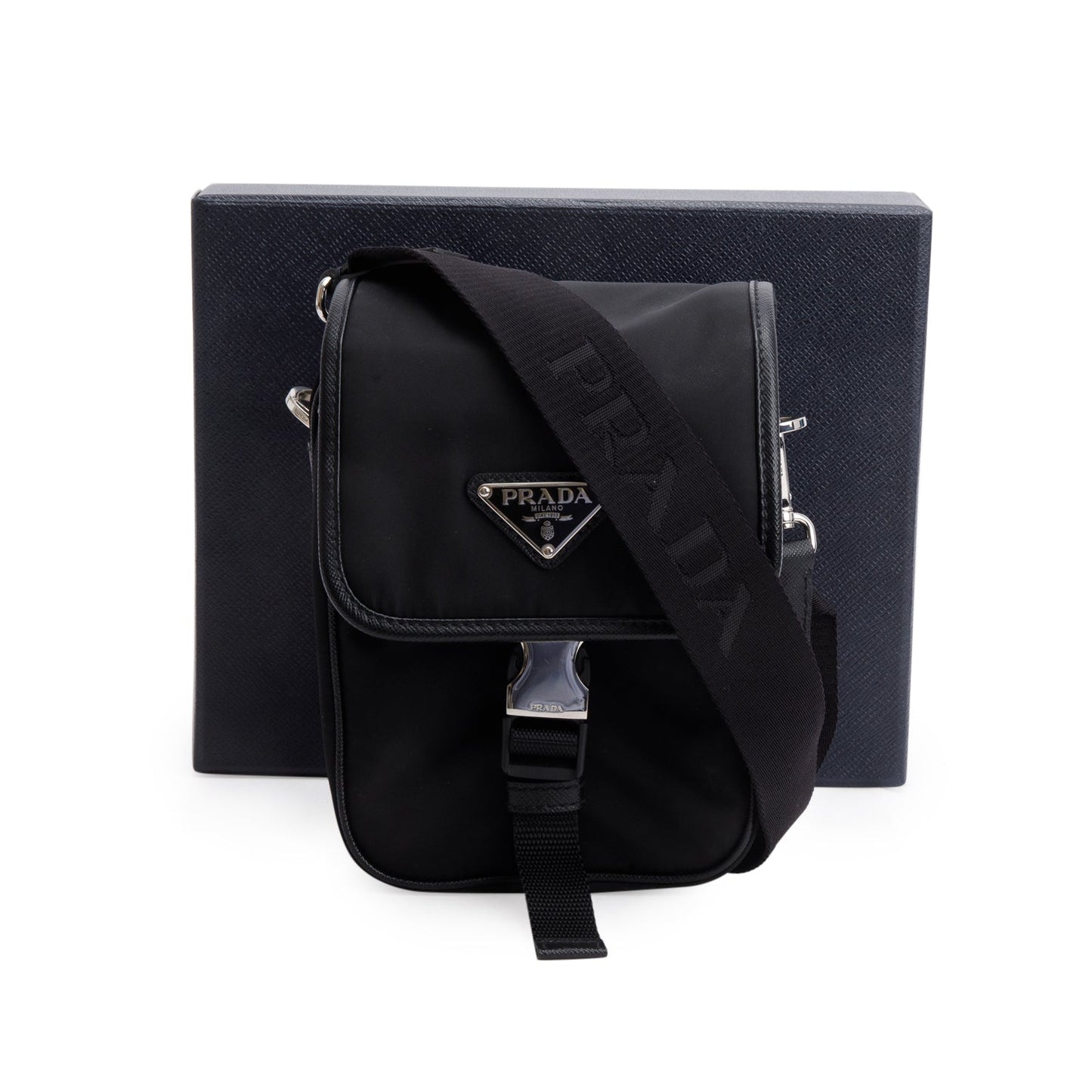 Prada Black Re-Nylon Saffiano Mini Pocket Single Snap Buckle Messenger Bag