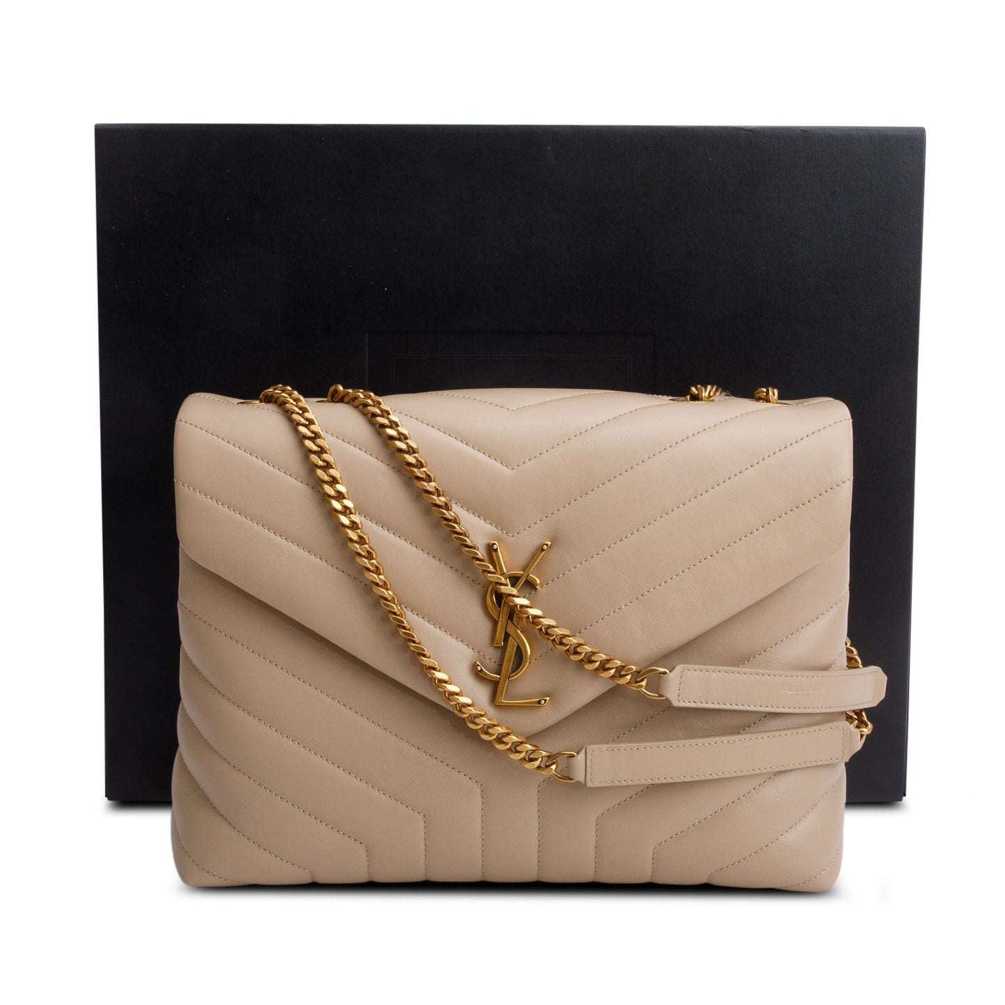 Saint Laurent 2022 Beige Calfskin Y Quilted Monogram Medium Loulou Chain Satchel