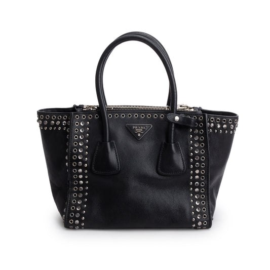 Prada Black Glace Calf Studded Twin Pocket Tote