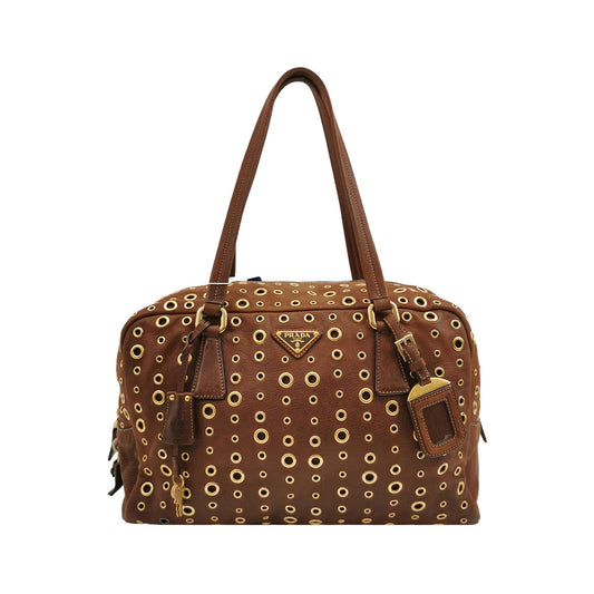 Prada Brown Grommet Calfskin Leather Gold Ringlet Shoulder Bag