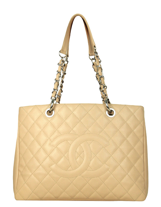 Chanel Beige Caviar Leather Quilted Grand Shopper Tote GST Bag