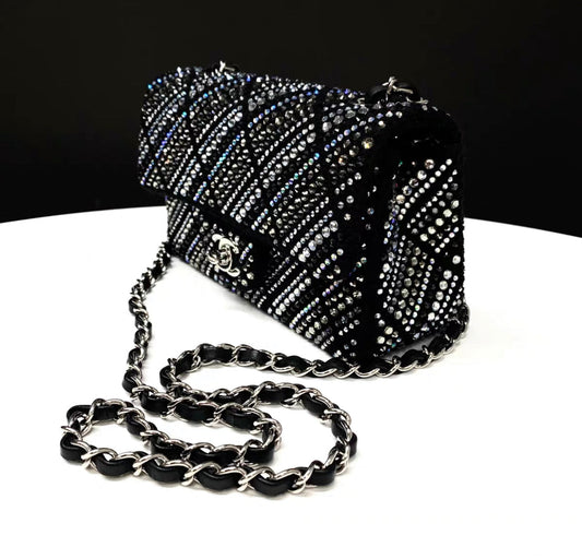 CHANEL 22A tweed, diamantés & silver metal black classic handbag
