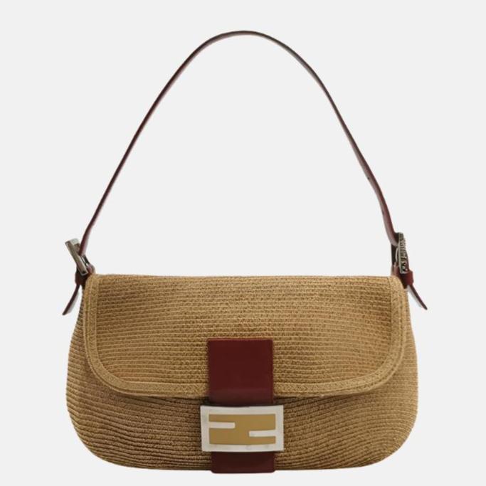 Fendi Mamma Baguette Raffia Straw Shoulder Bag Red Leather Strap