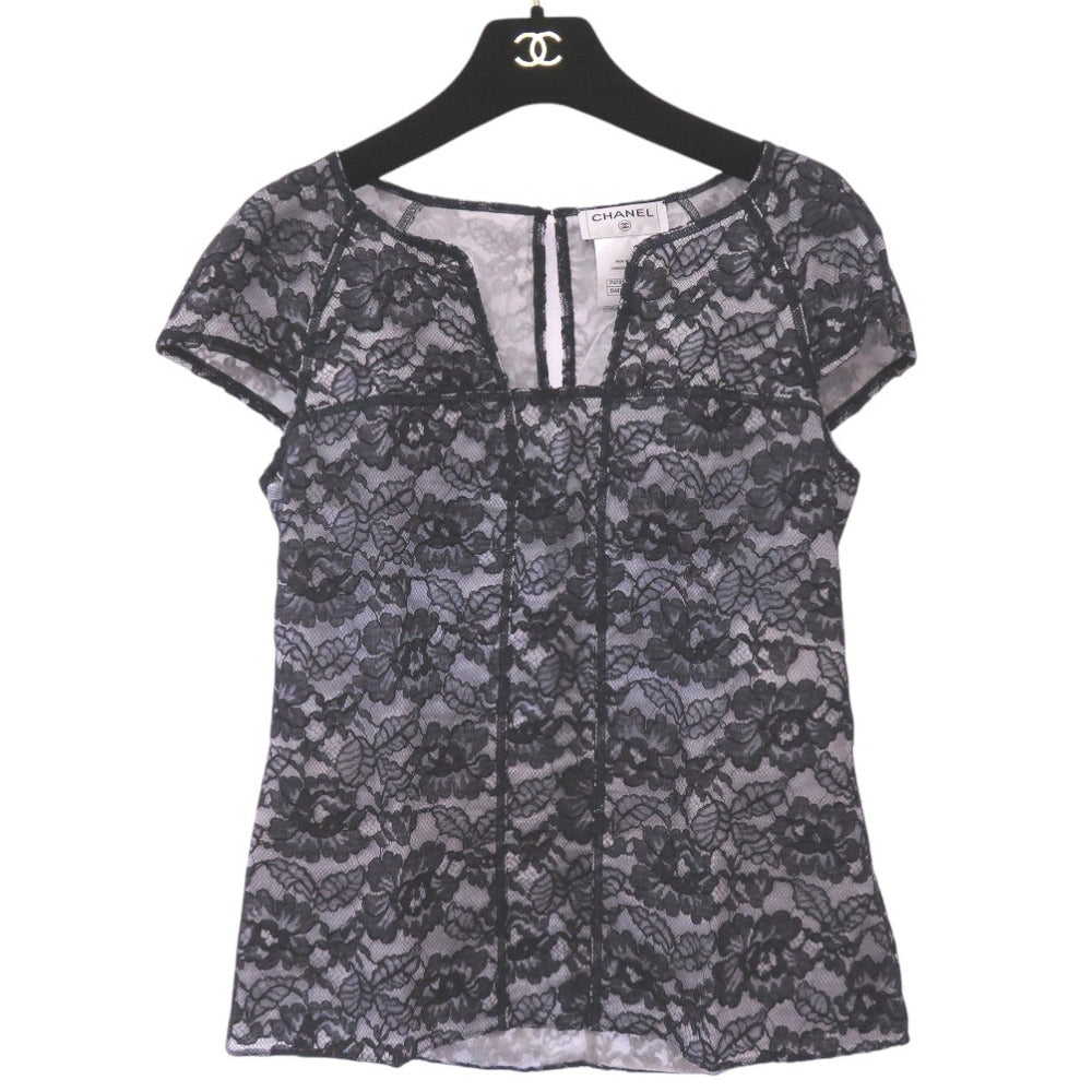 CHANEL blo  P47412W05438 cotton Navy Camellia lace floral short sleeve cut and sew blo  size 36 Women 36
