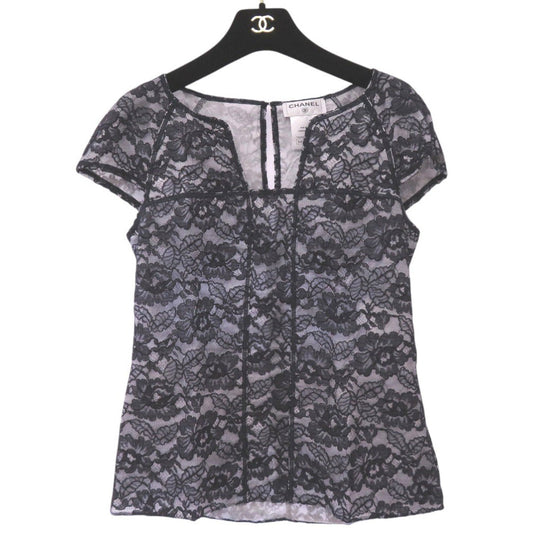 CHANEL blo  P47412W05438 cotton Navy Camellia lace floral short sleeve cut and sew blo  size 36 Women 36