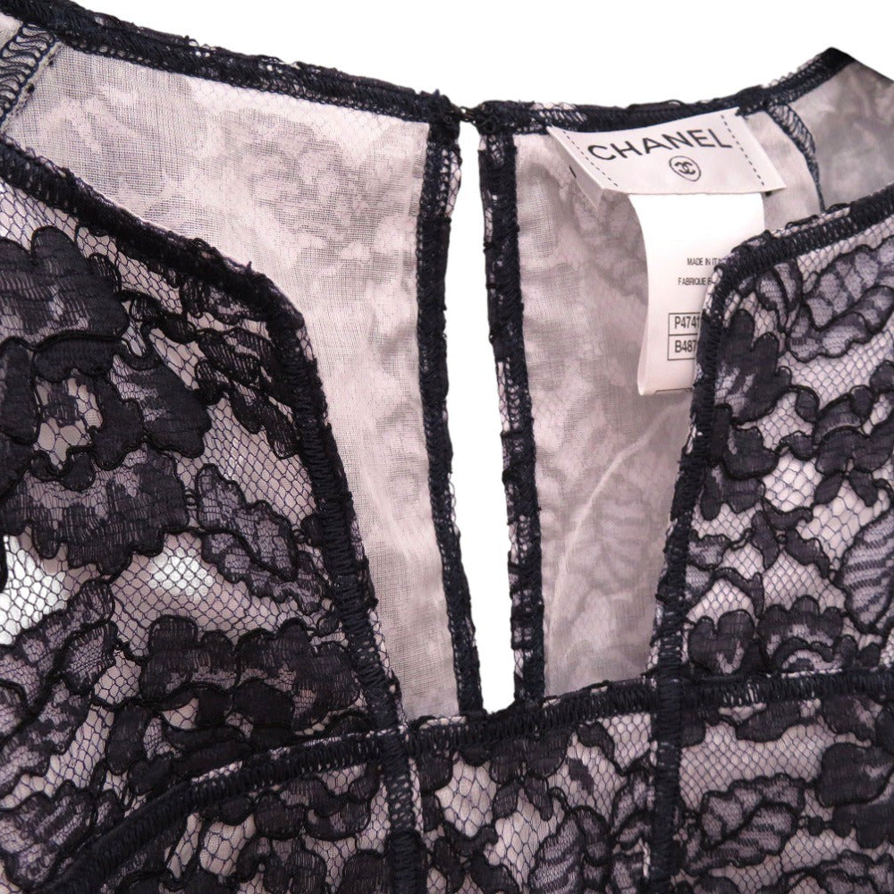 CHANEL blo  P47412W05438 cotton Navy Camellia lace floral short sleeve cut and sew blo  size 36 Women 36