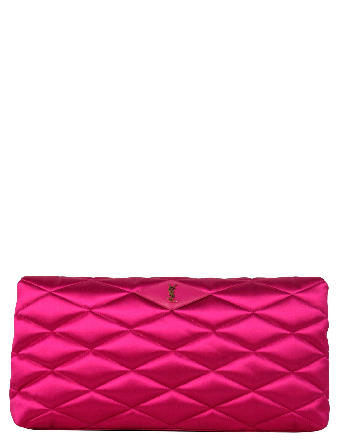 Saint Laurent Lipstick Fuchsia Pink Satin Quilted Large Sade Clutch Bag.