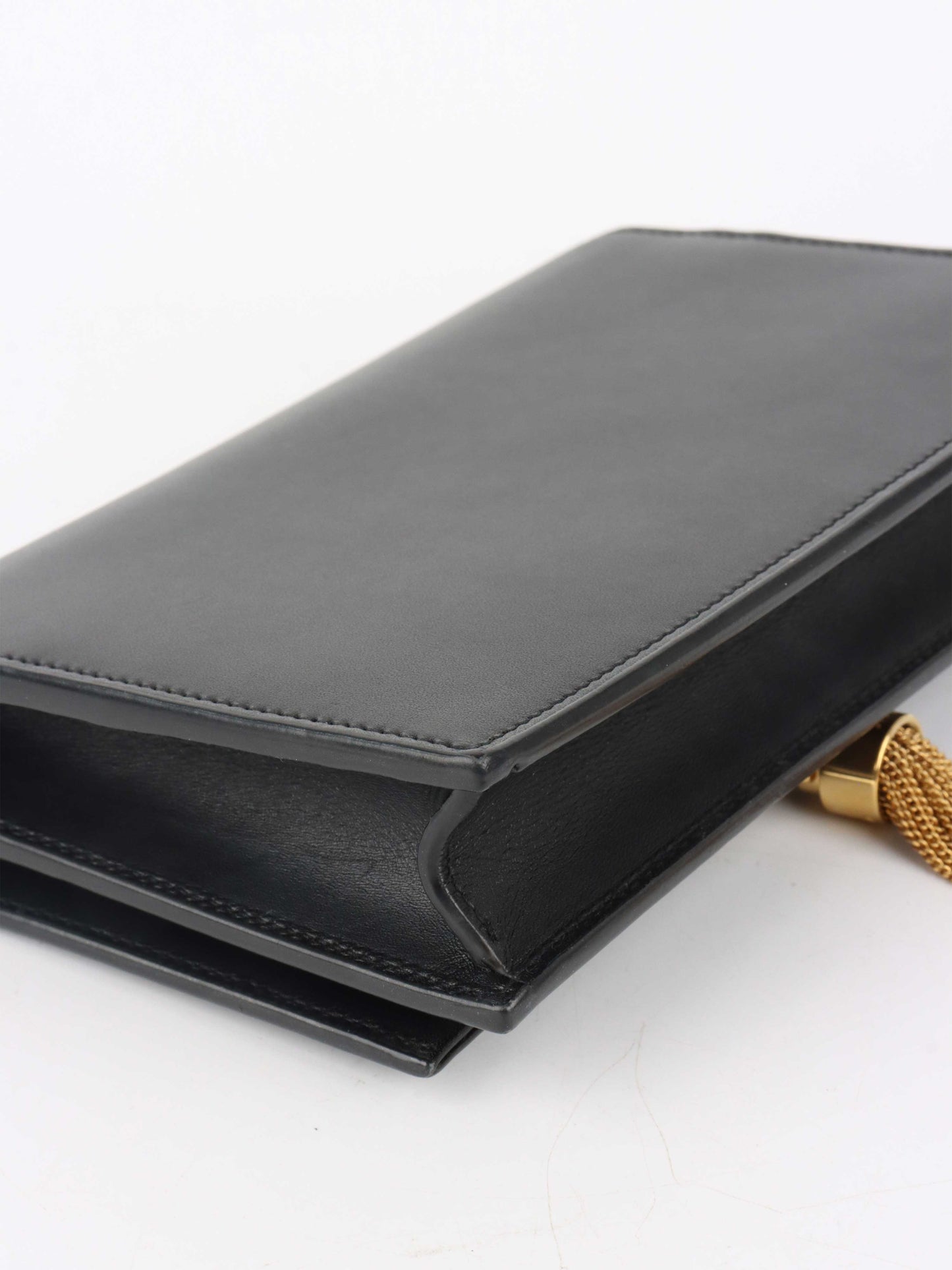 Saint Laurent Small Black Kate Wallet on Chain with Gold Tassel.