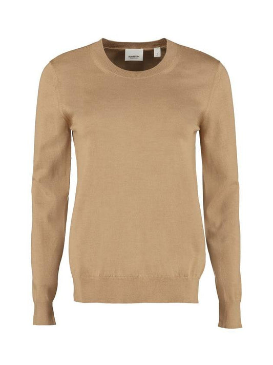 Luxury Burberry Check Patch Crew Neck Wool Knit Top Beige