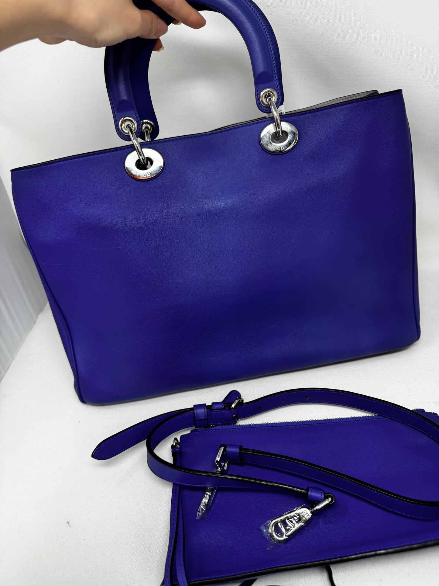Christian Dior Dark Blue Satin-Finish Calfskin Leather Large Diorissimo Tote Bag BJ1-01
