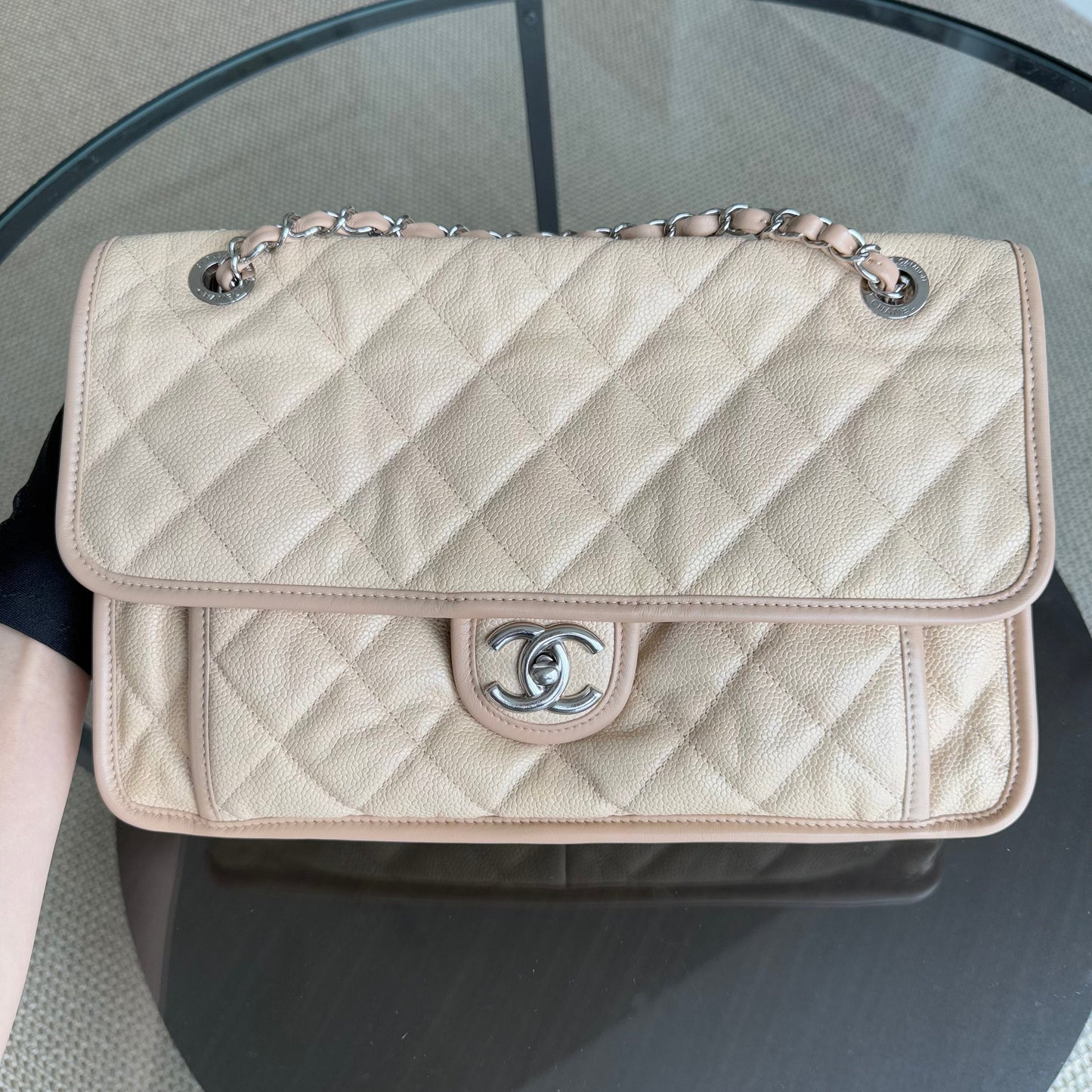 Chanel French Riviera Jumbo - Caviar Quilted Beige Silver Hardware Series 17