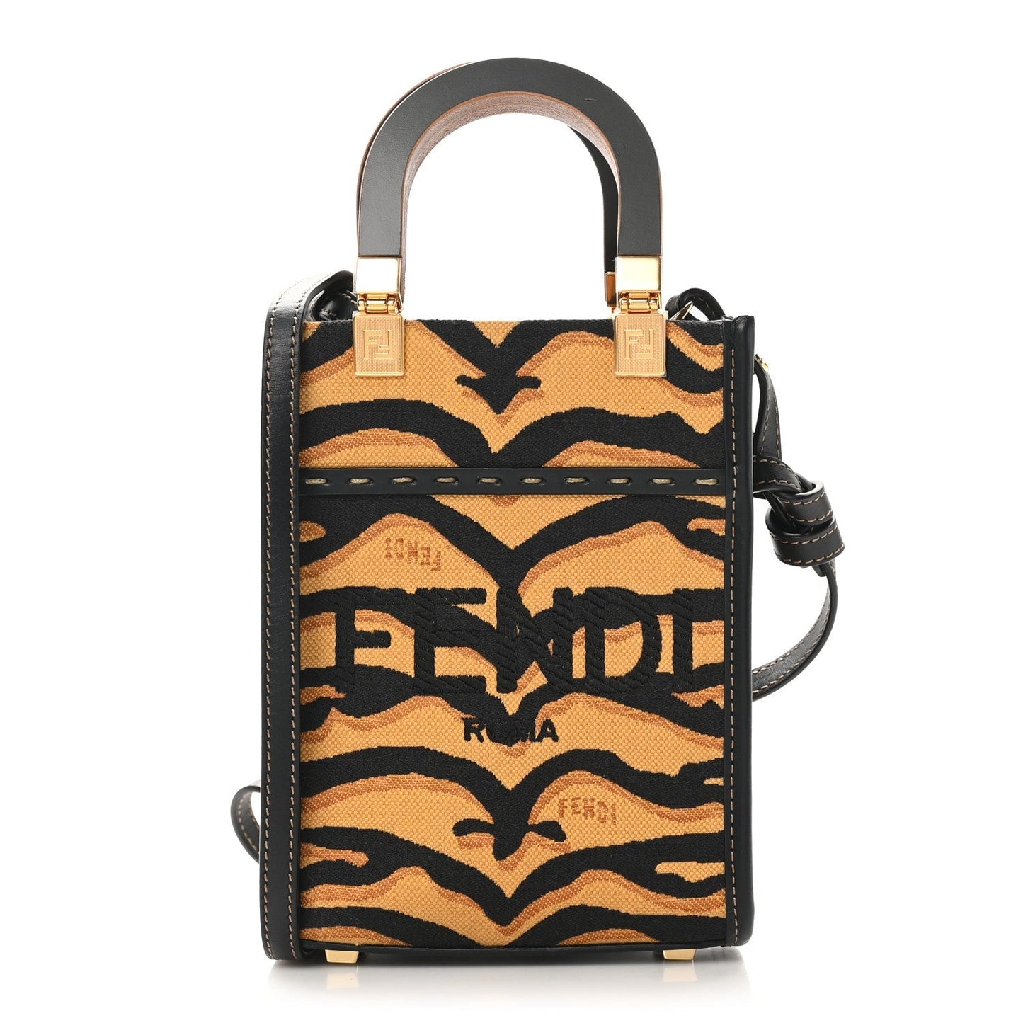 Fendi Canvas Vitello King Chinese New Year Tiger Embroidered Sunshine Shopper Tote Black Dark Yellow