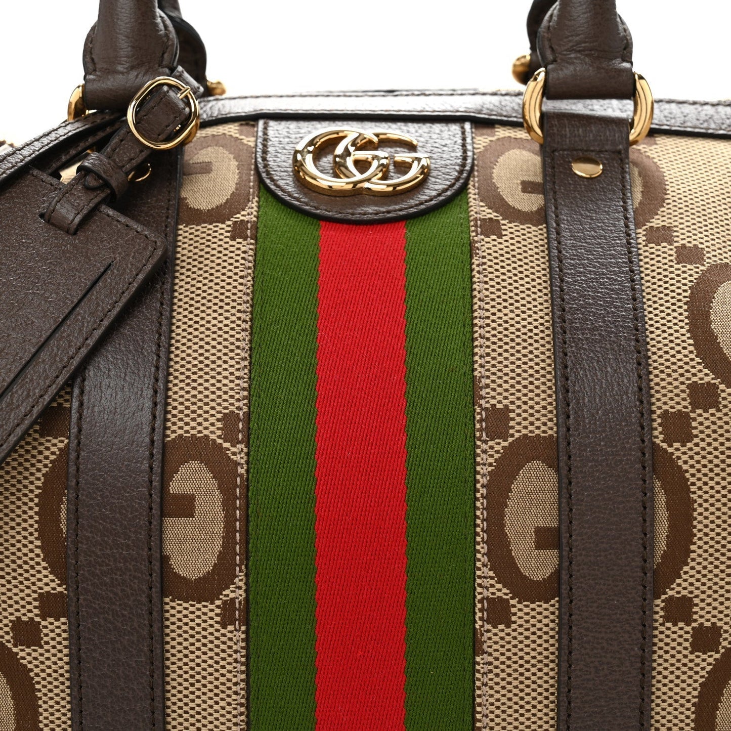 Gucci Monogram Jumbo GG Textured Dollar Calfskin Web Medium Duffle Bag Camel Ebony