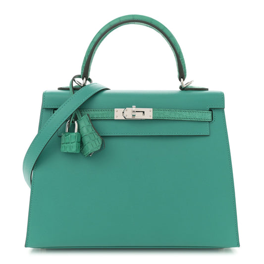 Hermes Madame Calfskin Matte Alligator Kelly Sellier Touch 25 Vert Verone Vert Jade
