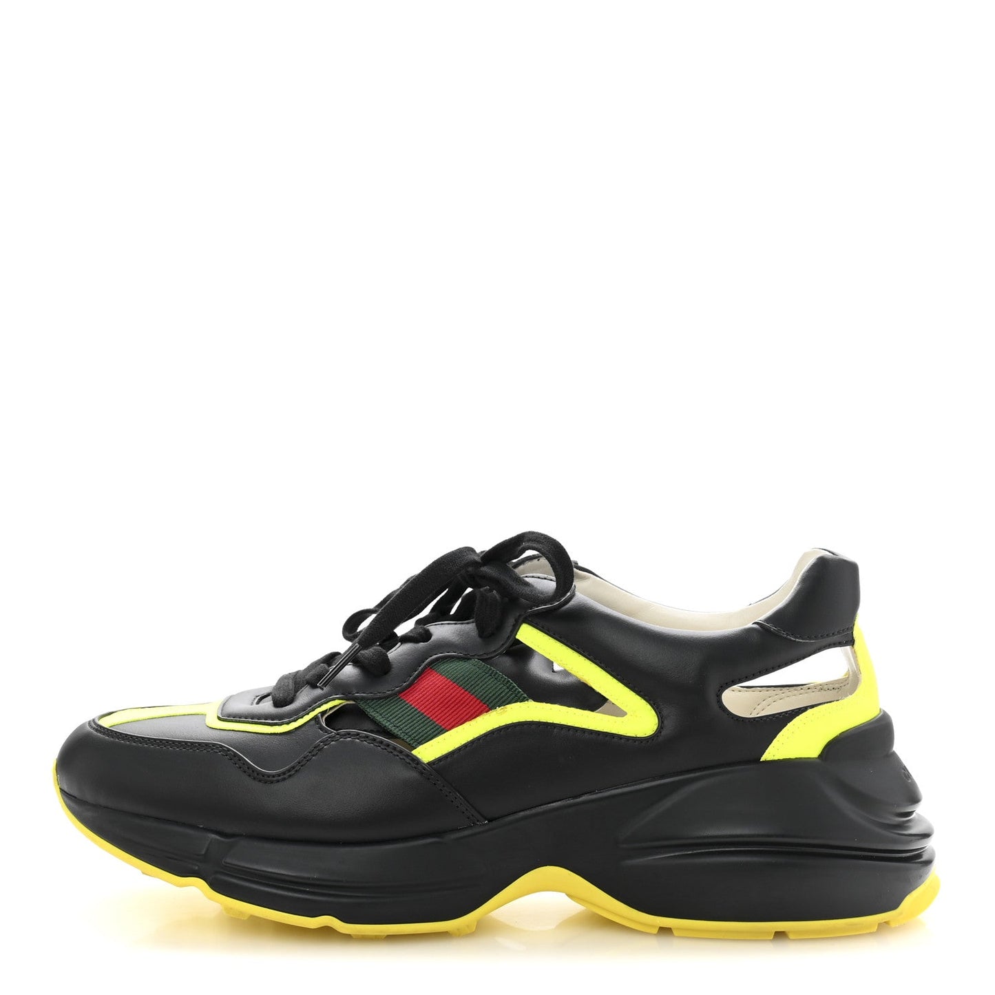 Gucci Demetra Web Mens Rhyton Cut Out Sneakers 10 Black Yellow Fluo