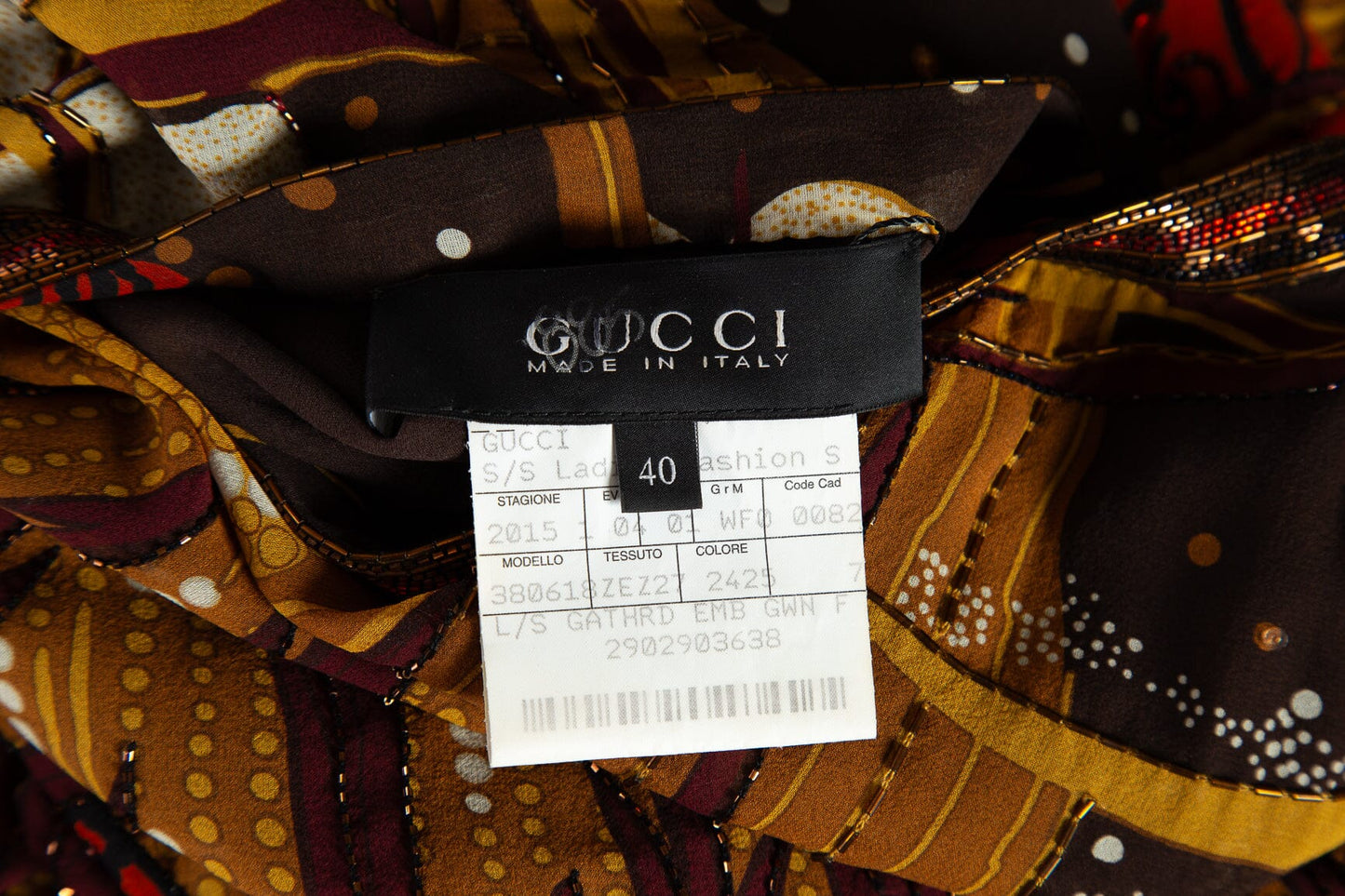 Gucci 2015 Brown Printed and Beaded Long Sleeve Dress SZ 40