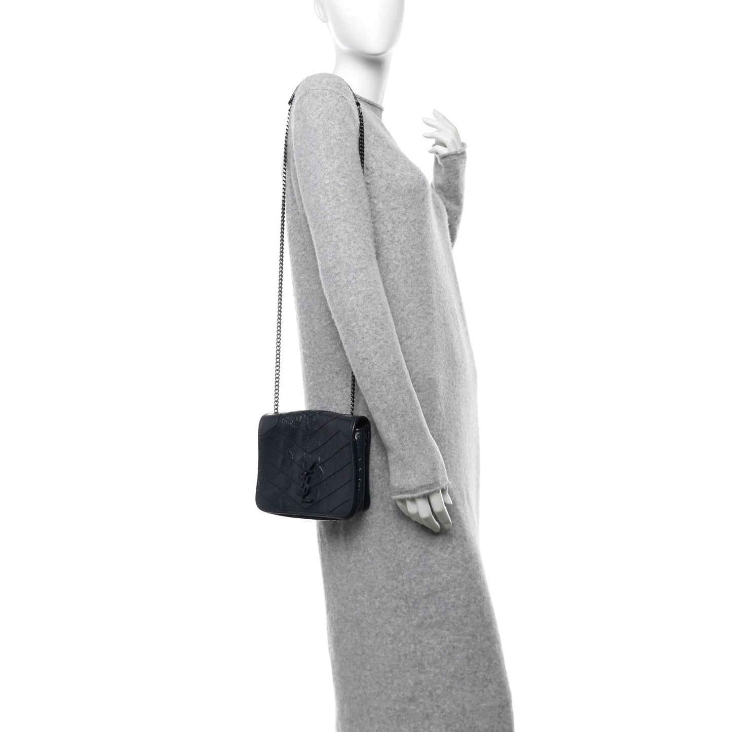 Saint Laurent Crinkled Calfskin Matelasse Monogram Niki Chain Wallet Deep Marine