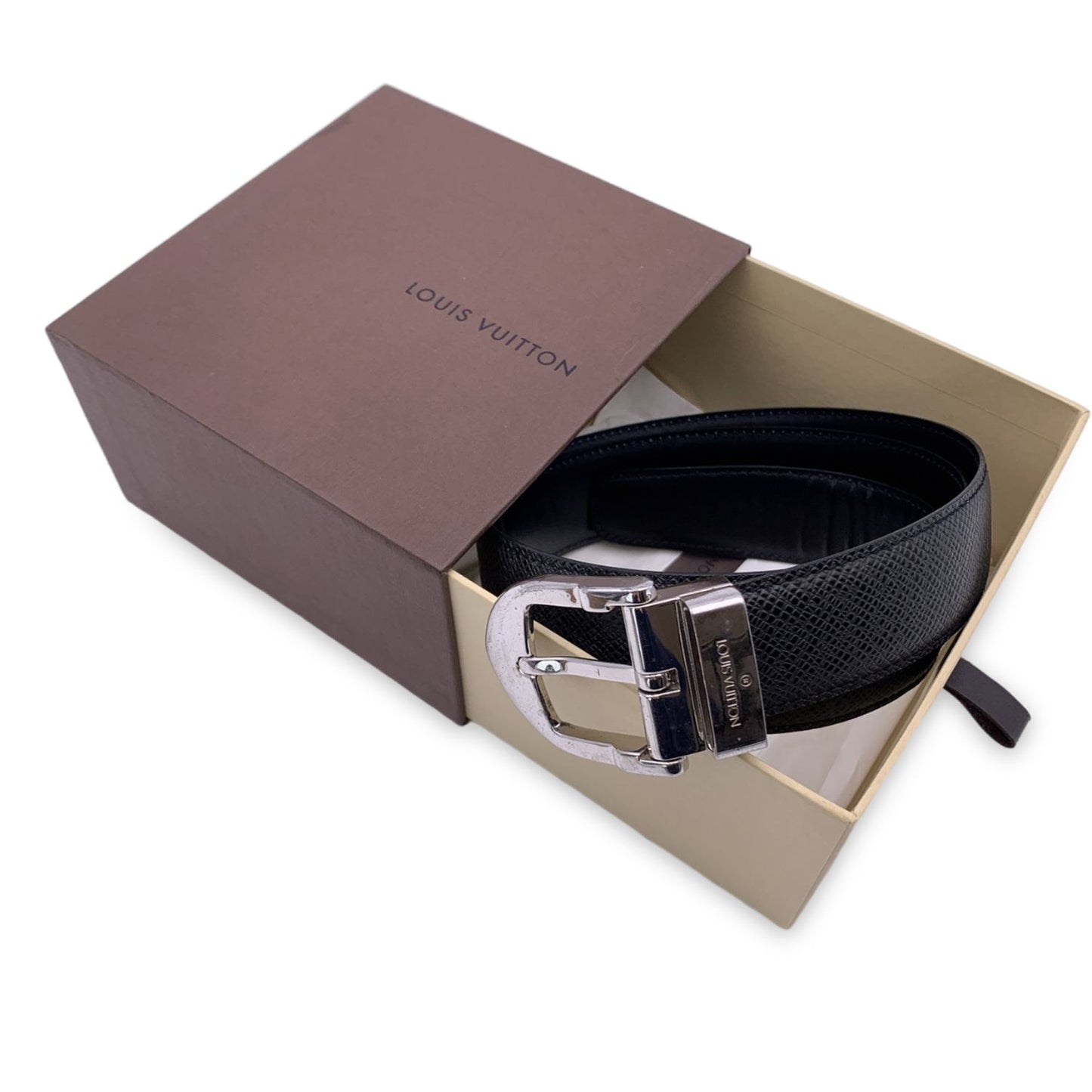 LOUIS VUITTON Black Taiga Classic Belt Silver Metal Buckle Size 85/34