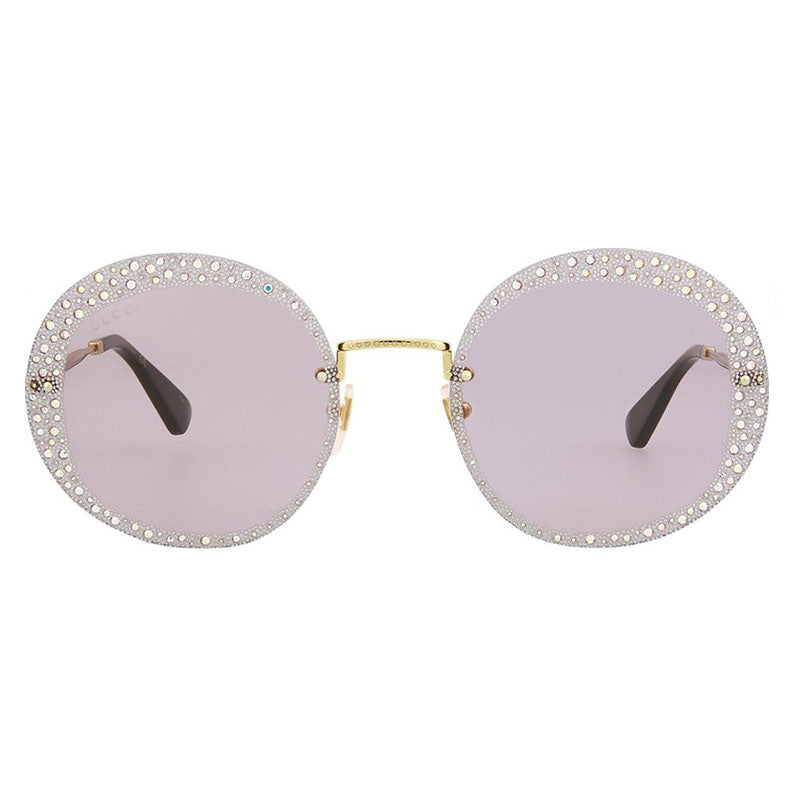 Gucci Sunglasses Round Rimless, Gold Frame and Violet With Crystals Lens GG0899S001
