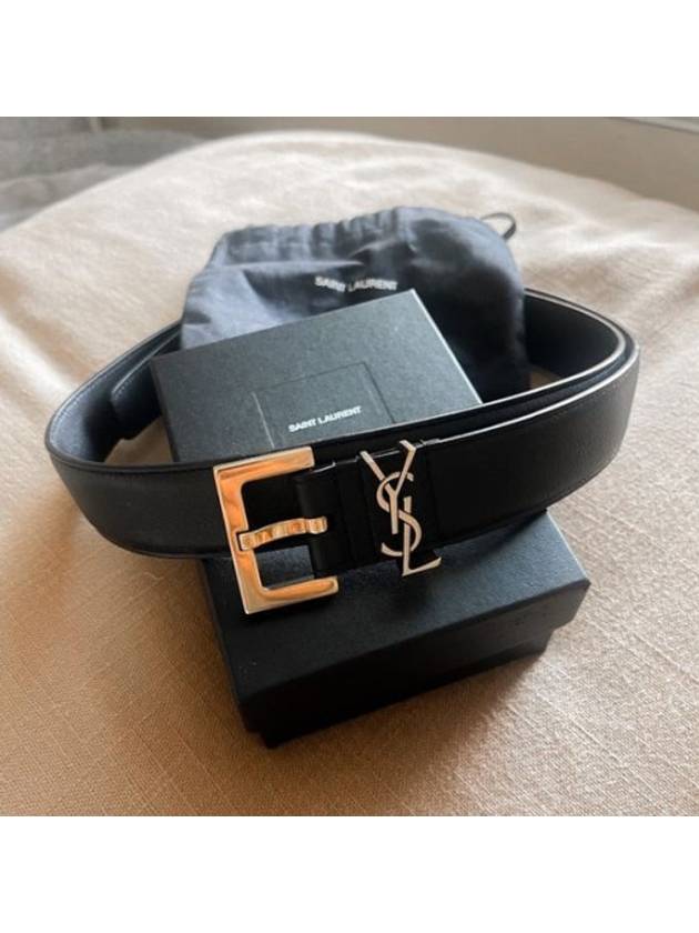Luxury Saint Laurent Trending 2025 Square Buckle Cassandre Thin Leather Belt Black