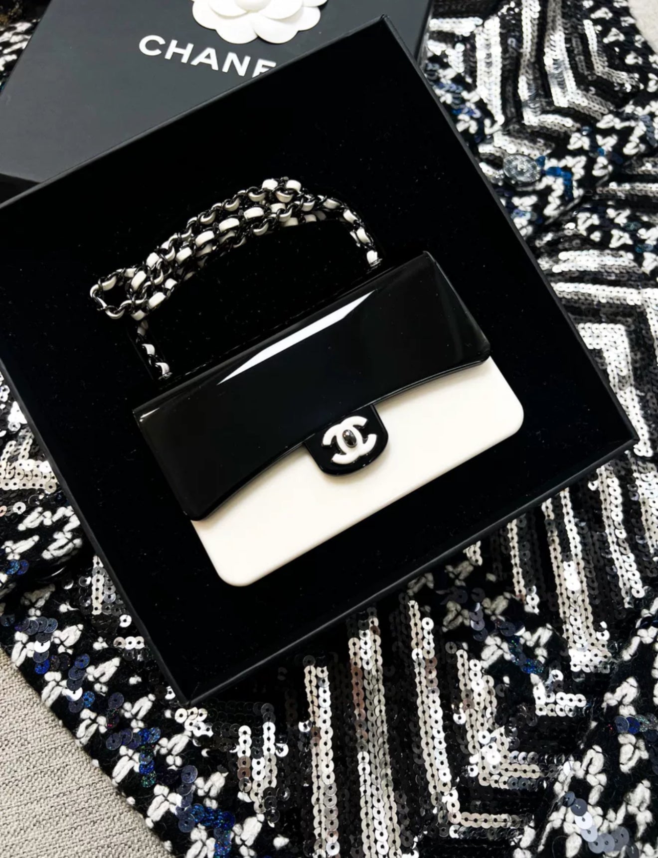 Chanel 21 black and white acrylic box minaudière