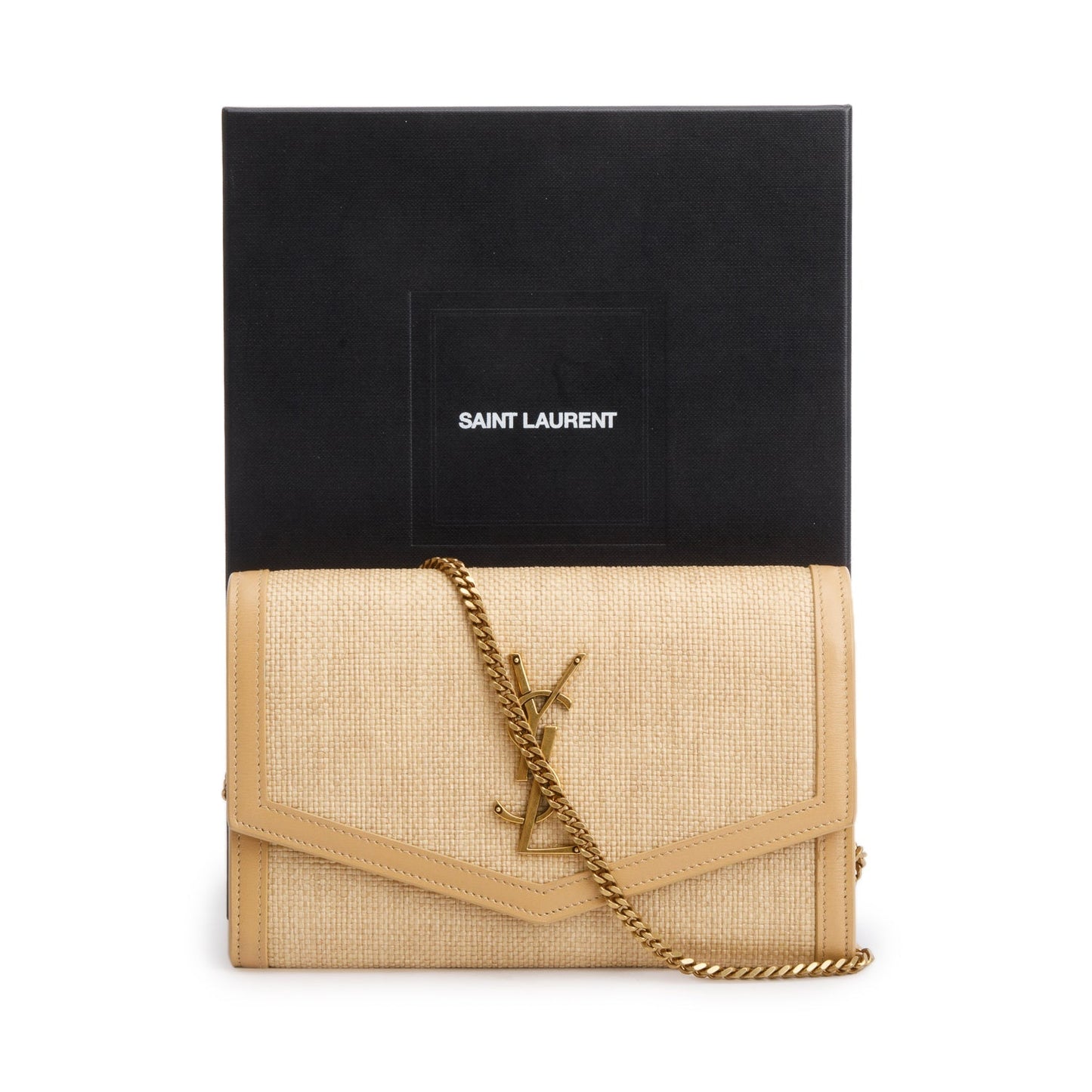 Saint Laurent 2021 Beige Raffia Uptown Chain Wallet
