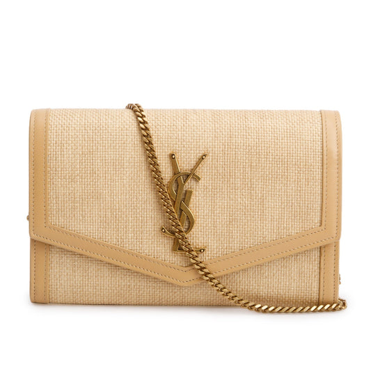 Saint Laurent 2021 Beige Raffia Uptown Chain Wallet