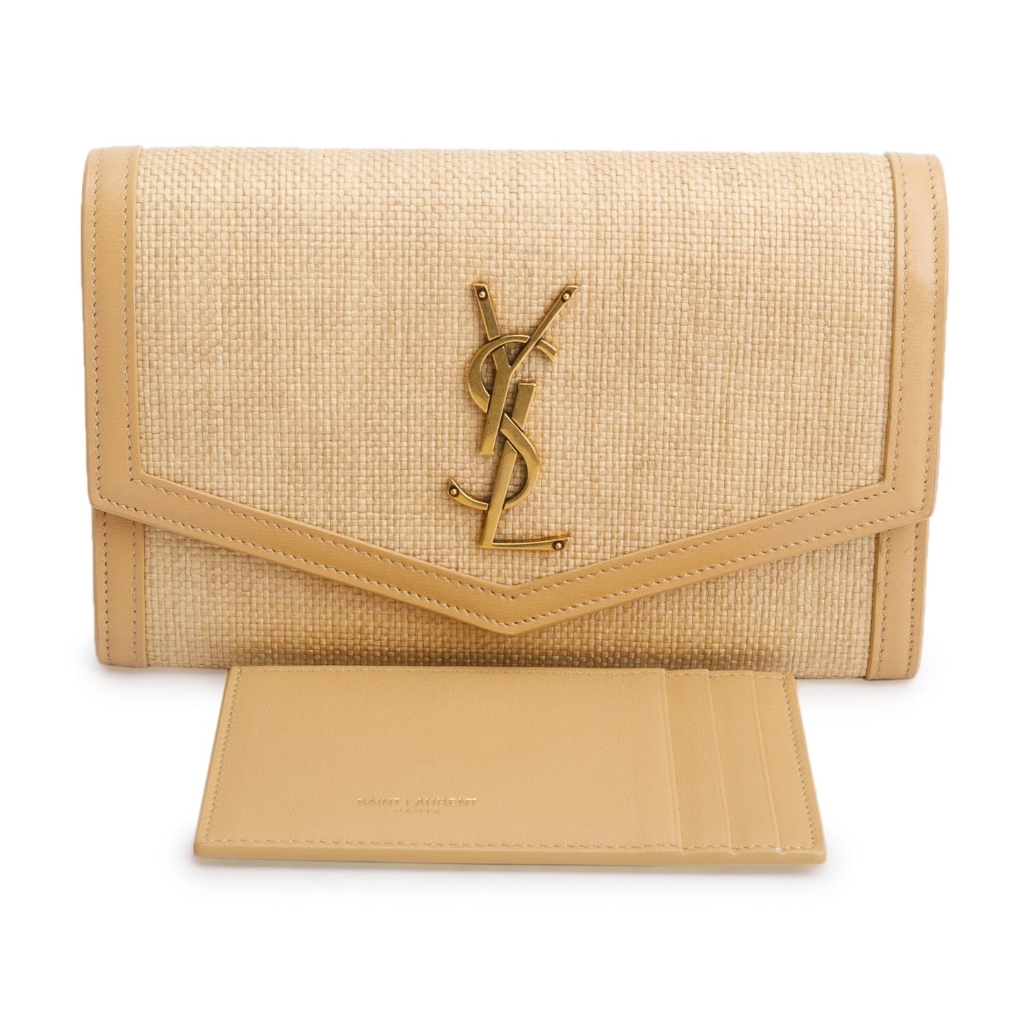 Saint Laurent 2021 Beige Raffia Uptown Chain Wallet