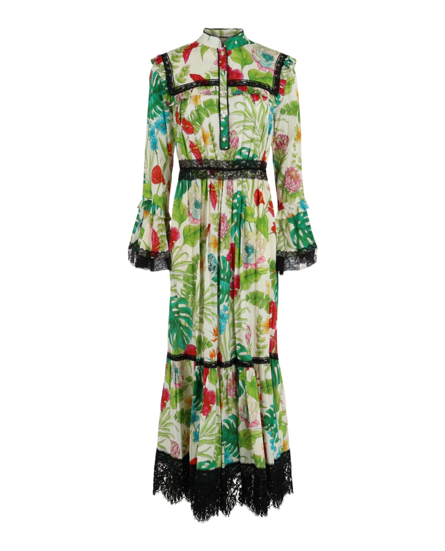 Gucci Womens Floral Print Lace-Trim Maxi Dress