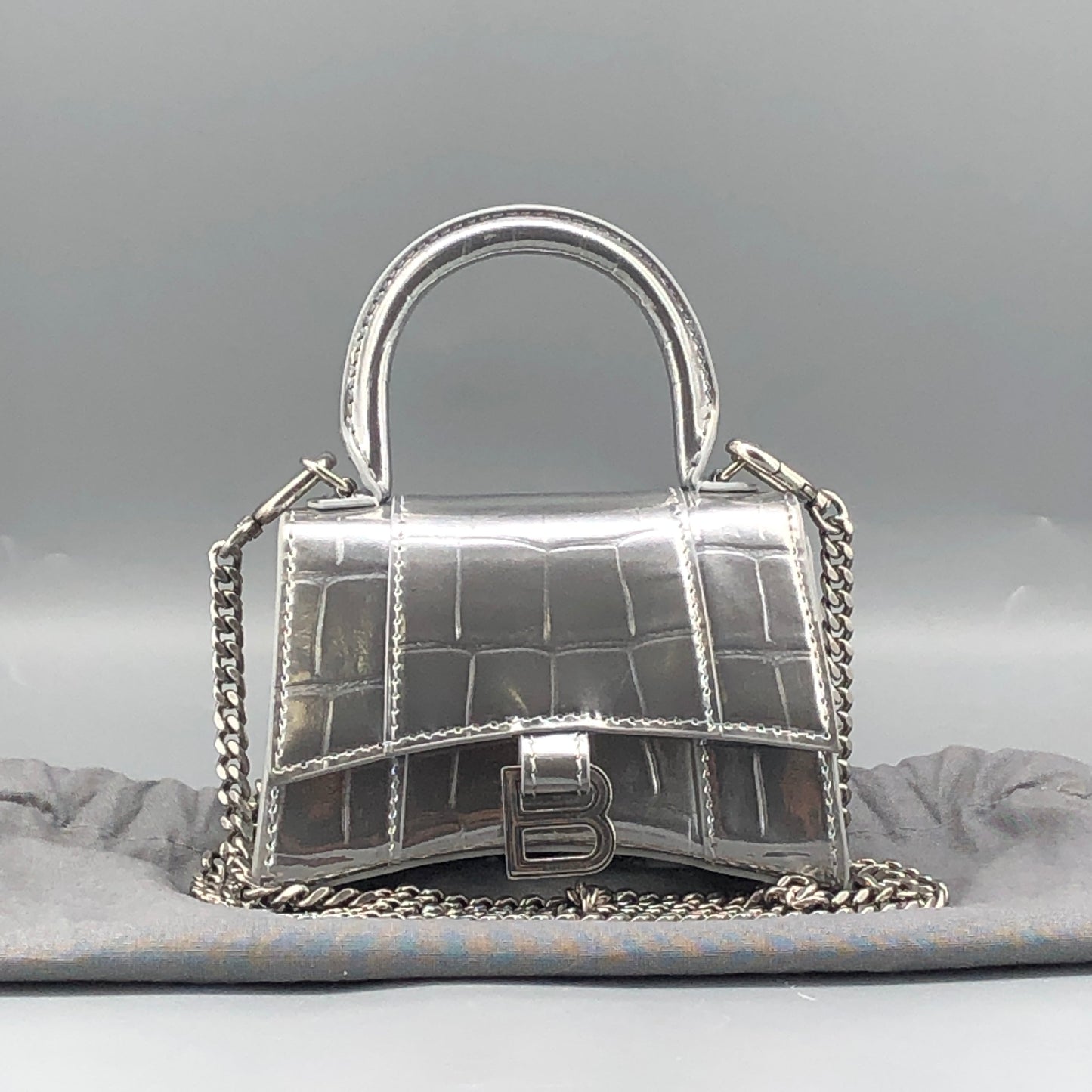 Balenciaga Silver Croc Embossed micro Hourglass Top Handle Bag