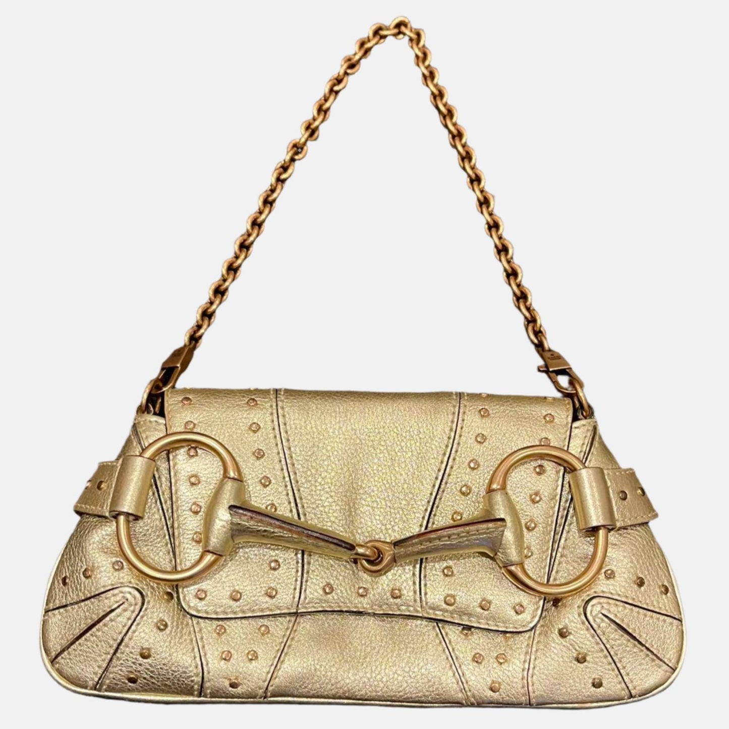 Gucci Horsebit 1955 Chain Bag Pearlescent Gold Leather and Gold Studs