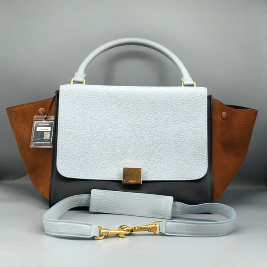 Celine Trapeze Leather & Suede Tote Bag Light Blue/Caramel/Black