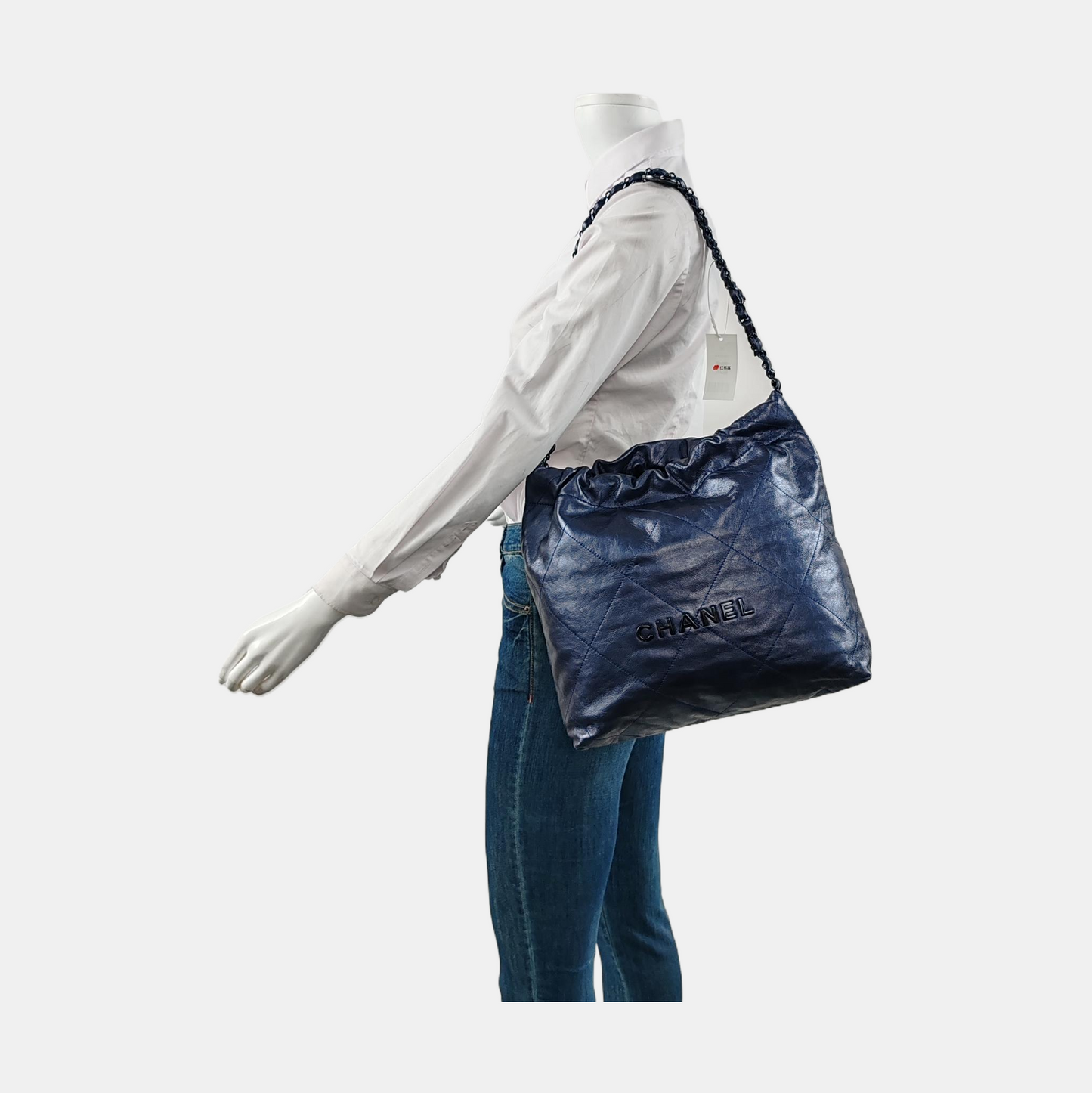Chanel 22 Hobo Bag Medium Shiny Calfskin Leather Metallic Navy