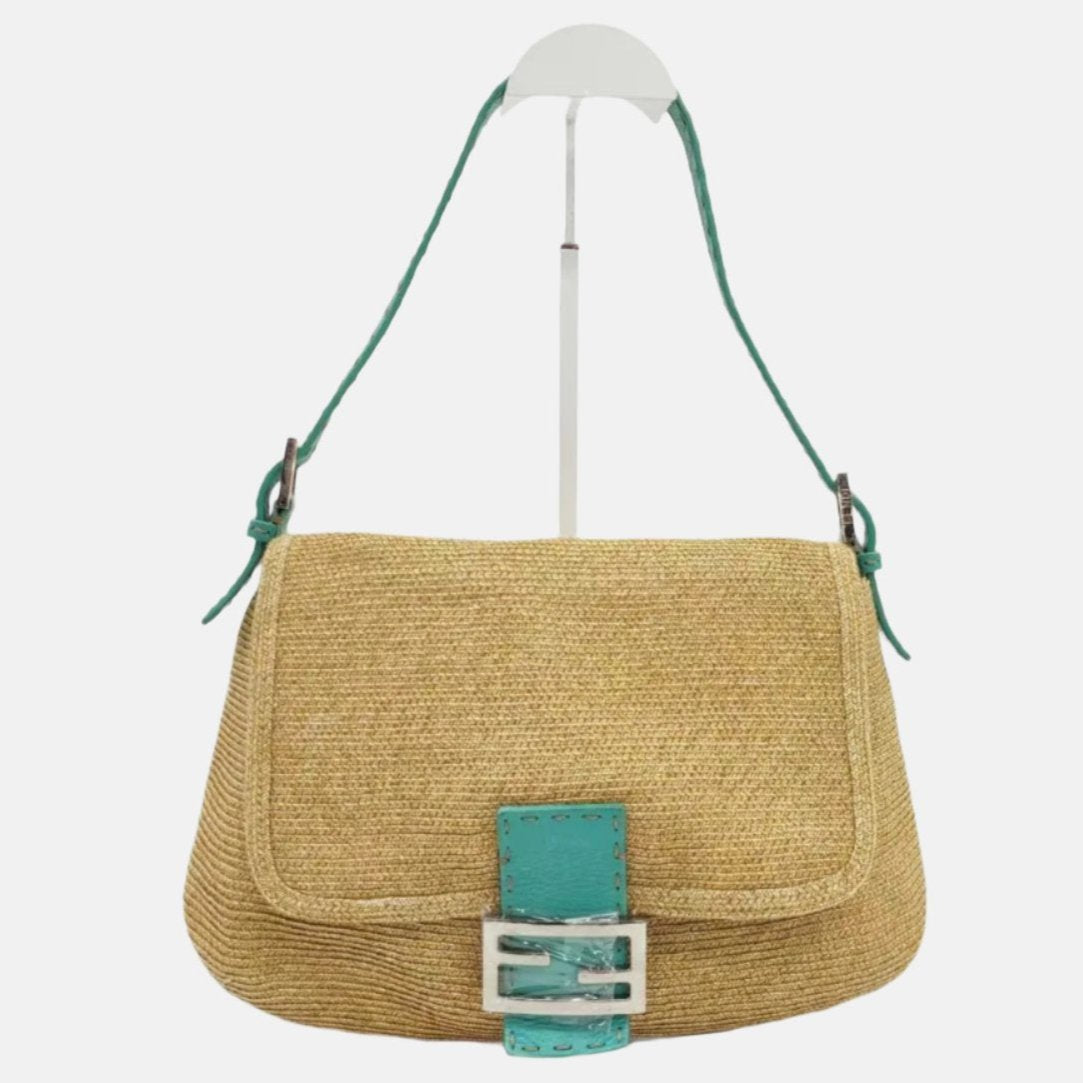 Fendi Mamma Baguette Raffia Straw with Blue Leather