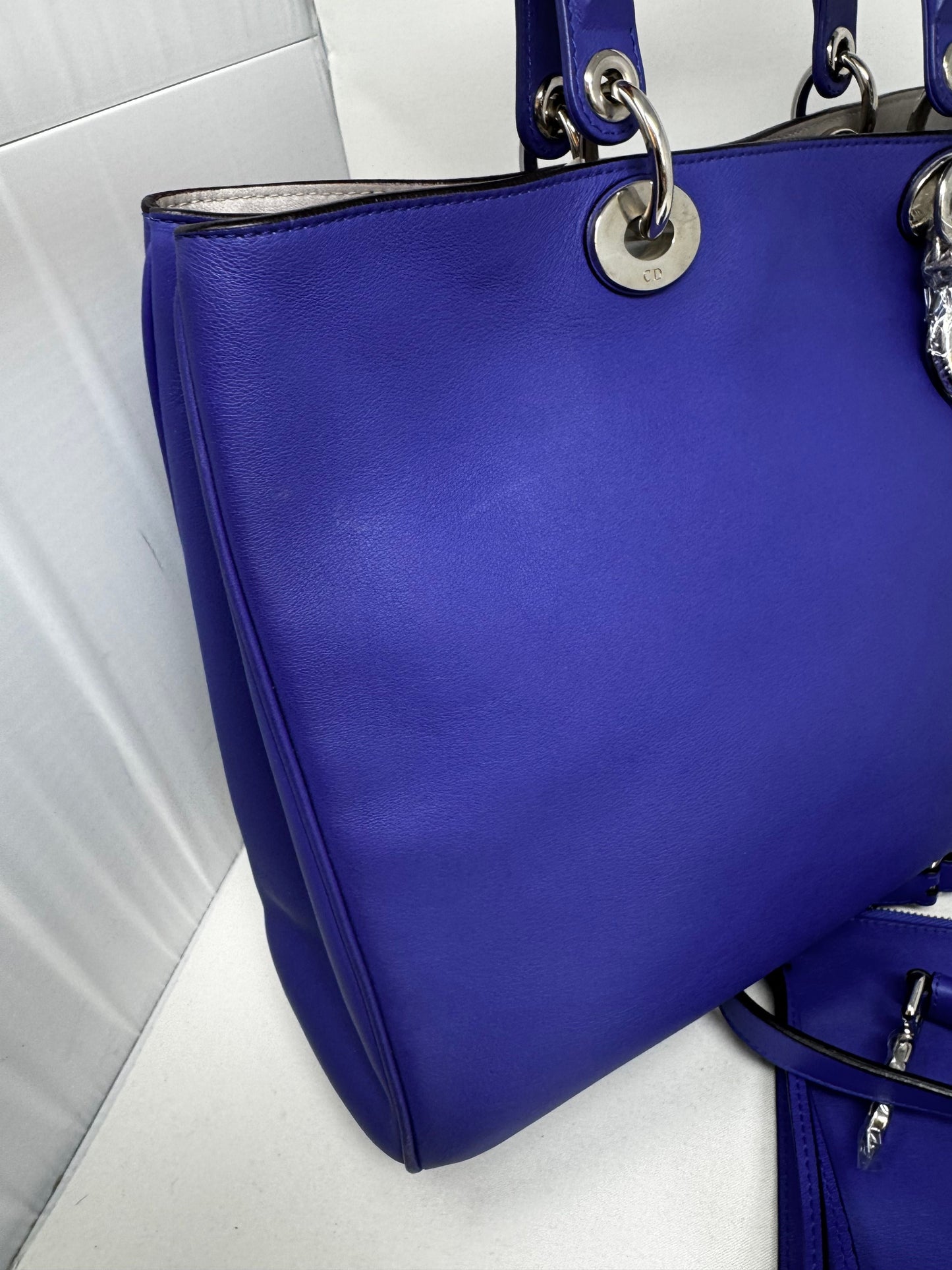Christian Dior Dark Blue Satin-Finish Calfskin Leather Large Diorissimo Tote Bag BJ1-01