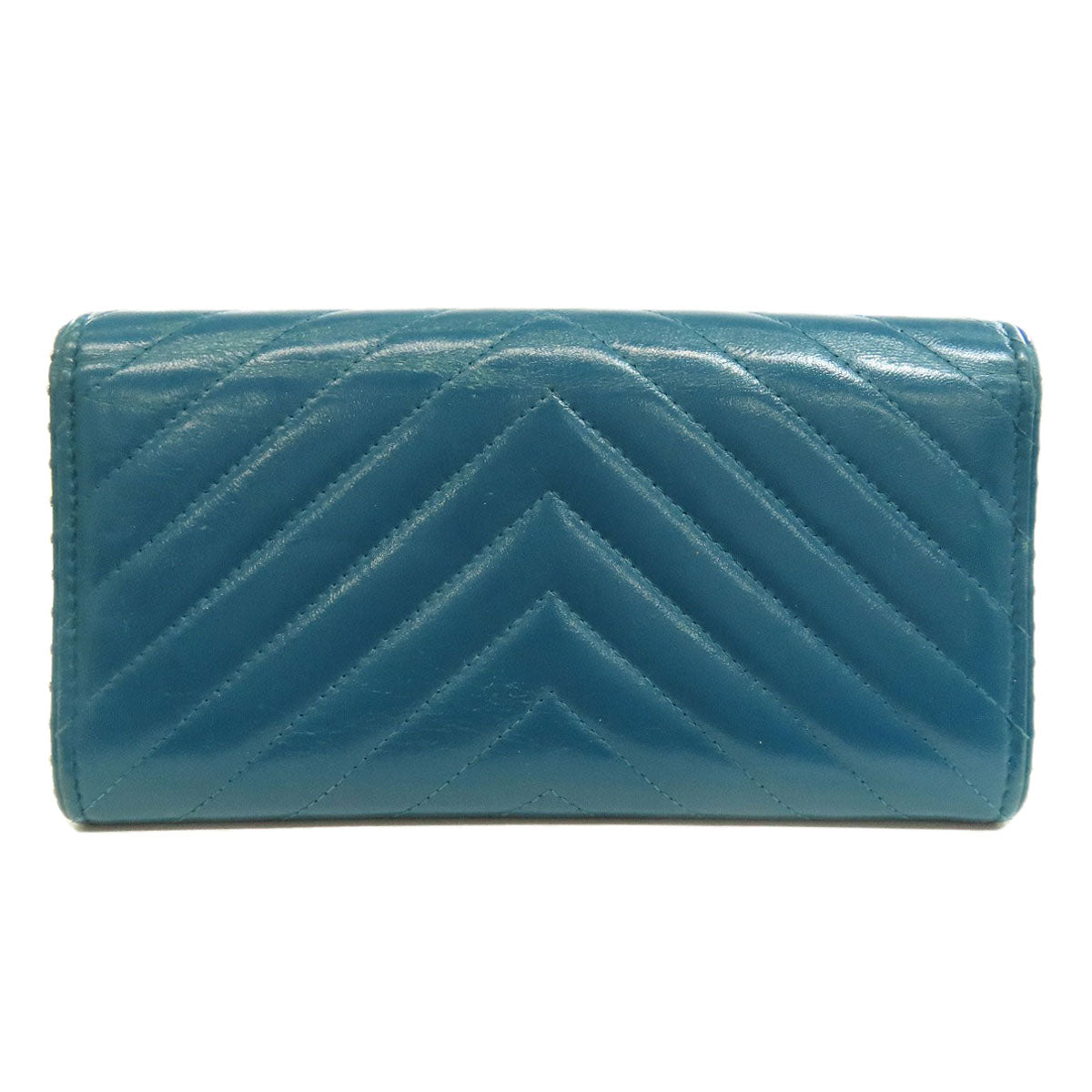 CHANEL Long Wallet Purse Calfskin blue Vstitch COCO Mark SilverMetal