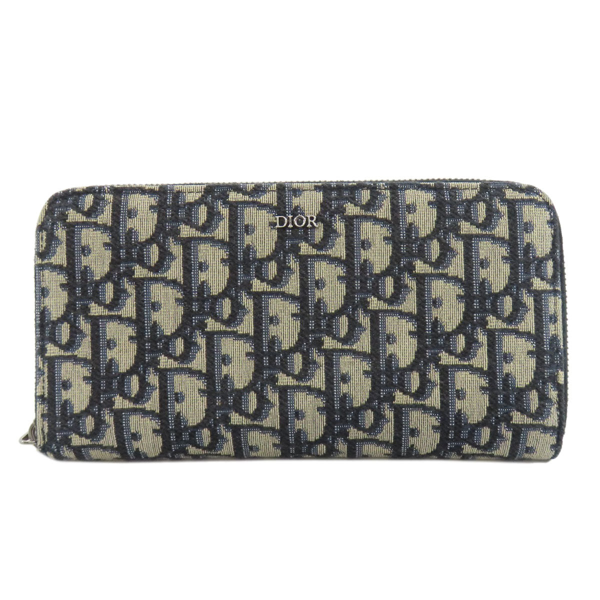 Christian Dior Long Wallet Purse canvas Navy Long Zip Wallet Oblique Trotter Pattern Women