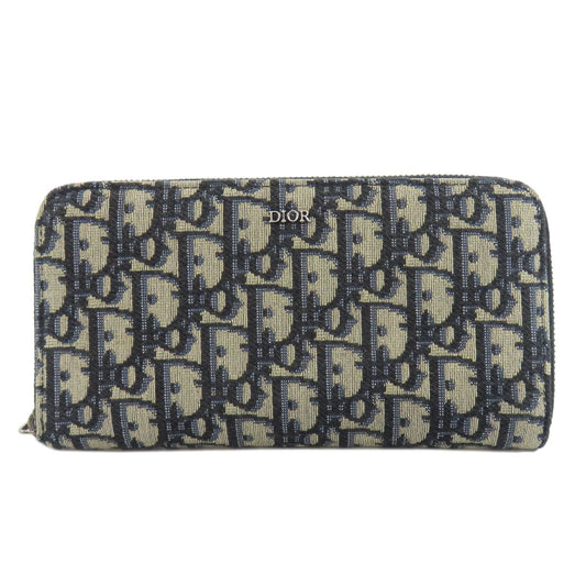 Christian Dior Long Wallet Purse canvas Navy Long Zip Wallet Oblique Trotter Pattern Women