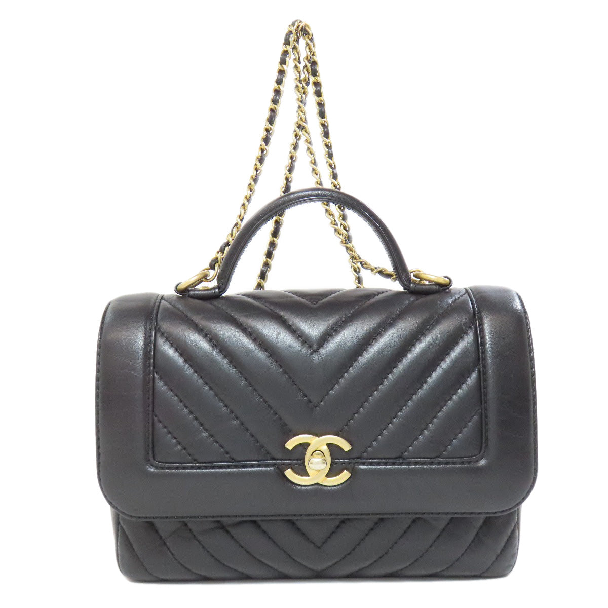 CHANEL Handbag Calfskin black Chevron Vstitch Gold Metal 2WAY Women