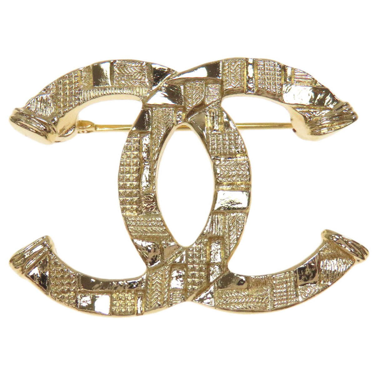 CHANEL Brooch metallic gold Tweed Pattern COCO Mark Women