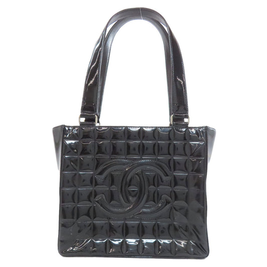 CHANEL Tote Bag enamel black Chocolate bar Silver Metal Women