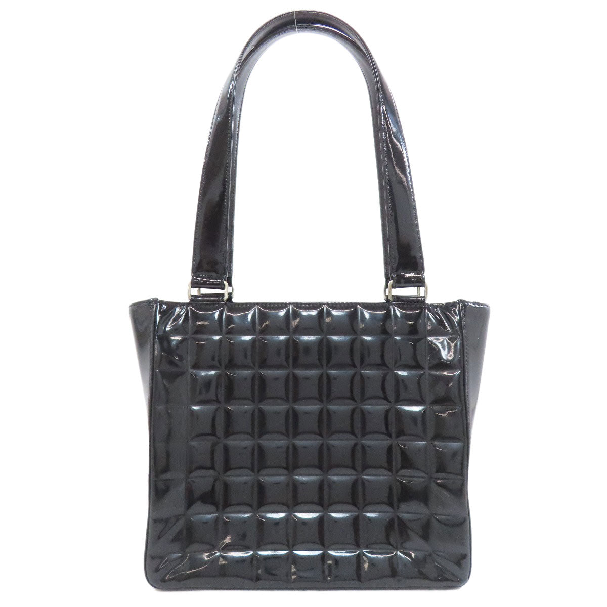 CHANEL Tote Bag enamel black Chocolate bar Silver Metal Women