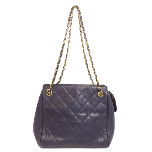 CHANEL Tote Bag Grained Calfskin Skin Navy Matelasse Chain Bag Gold Metal