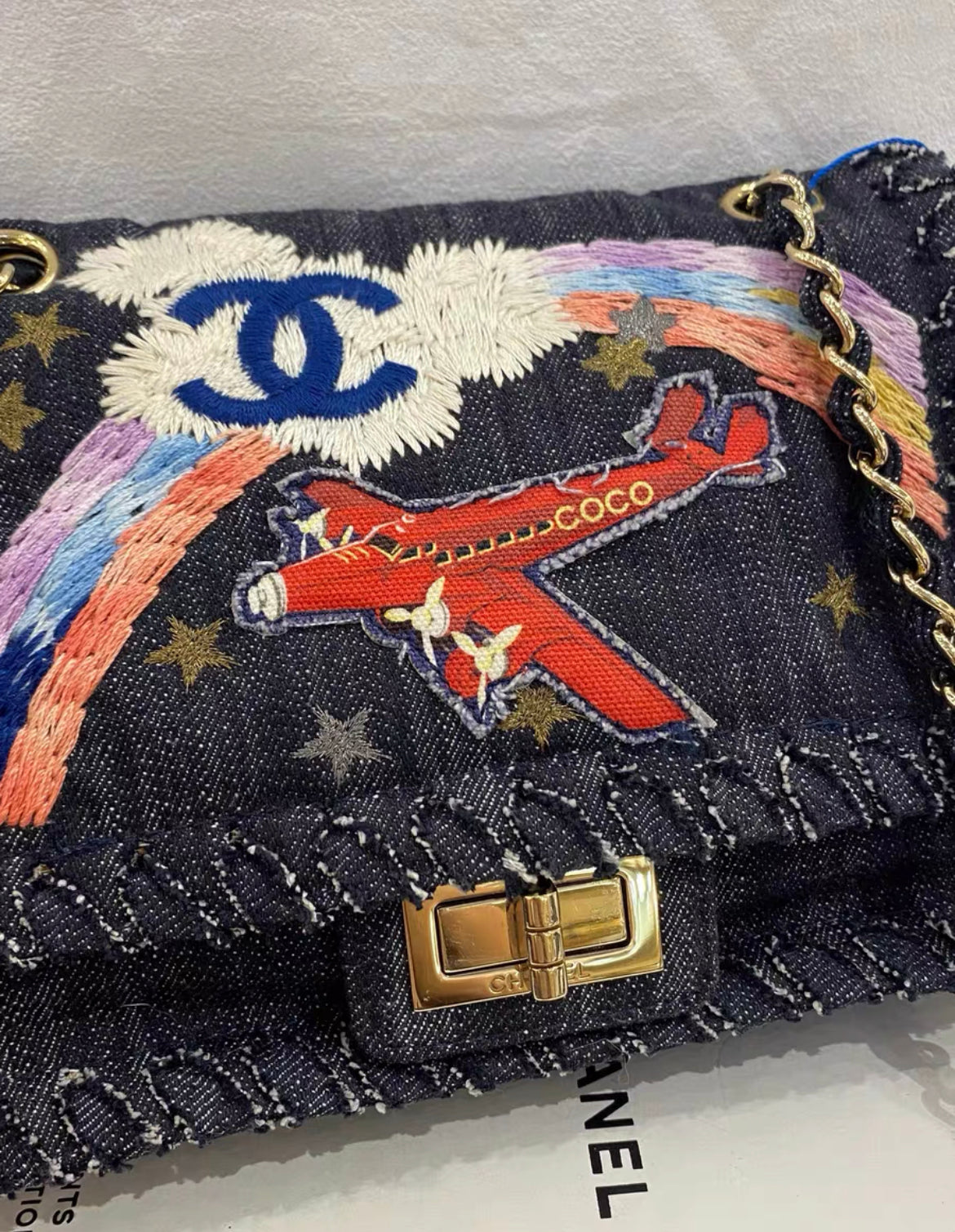 CHANEL 2006  NIGHT FLIGHT DENIM REISSUE AIRPLANE RAINBOW BAG 24K GHW