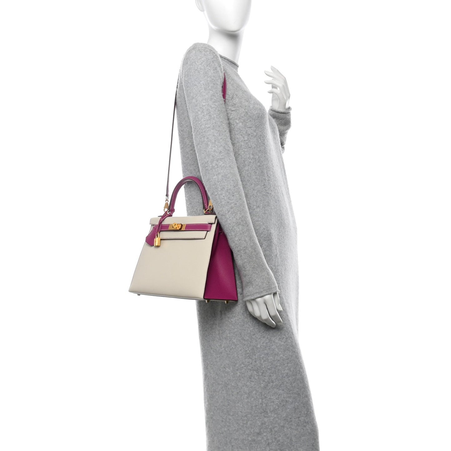 Hermes Epsom Bi-Color Horseshoe Kelly Sellier 28 Craie Rose Pourpre